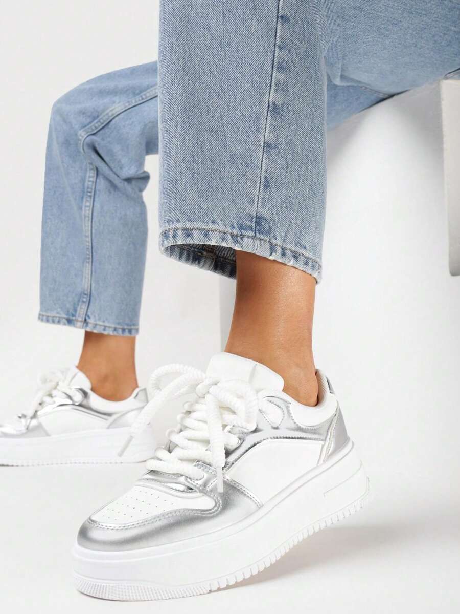 Thick Sole Sneakers With Numerous Inserts On The Upper - Silver - View 1