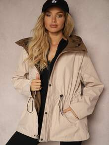 Women Drawstring Waist Reversible Hooded Parka Jacket - Brown - View 4