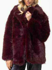 معطف نسائي فاخر بلون أحادي من الفرو الاصطناعي، جاكيت طويلة كاجوال فضفاضة بأكمام طويلة وياقة، ملابس خارجية دافئة سميكة للشتاء - عنابي اللون - مشاهدة 3