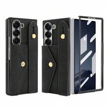 VIETAO Wristband Strap Holder Card Slot Electroplated Material Faux Leather Phone Case Compatible With Samsung Galaxy Z Fold 4 5 6 7 Phone Holder Stand Cover