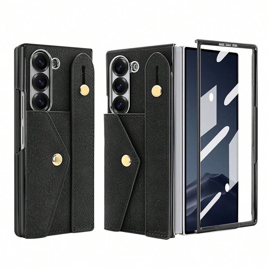 VIETAO Wristband Strap Holder Card Slot Electroplated Material Faux Leather Phone Case Compatible With Samsung Galaxy Z Fold 4 5 6 7 Phone Holder Stand Cover