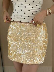 Women's Fashion Mini Skirts Sequins Low Waist Skirts Summer Party Bodycon Skirts - Màu be - Xem 5