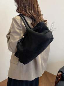 Dedoo 1个FEISTURE仿麂皮手提包，大容量纯色成熟优雅女士托特包，复古风格工作包，适合女孩、女性、大学生、上班族 - 黑色 - 查看 3