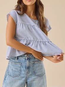 Women Y2k Striped Tiered Babydoll Tops Teens Cute Ruffle Pleated Short Sleeve Flowy Shirts Crewneck Loose Crop Tee - Màu xanh lam - Xem 1