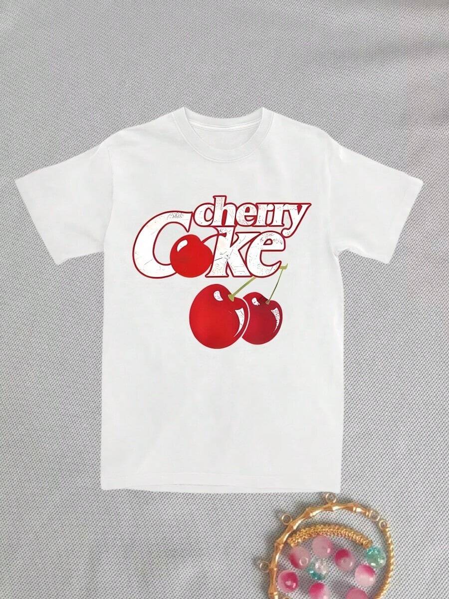 CHERRY COKEs Cherry Pattern Printed Women'S Stylish Men T-Shirt TRENDSSy Casual Women'S Round Neck, Everyday Summer Top For Ladies - trắng - Xem 1