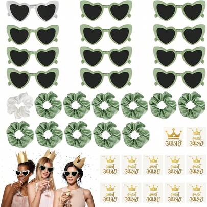 36 Stück Brille Team Braut Armbänder, Herz Sonnenbrille Bride Partybrille, 12 Herzförmige Brille+12 Bride Haargummi+12 Braut-Aufkleber, Deko Accessoires für Junggesellinnenabschied