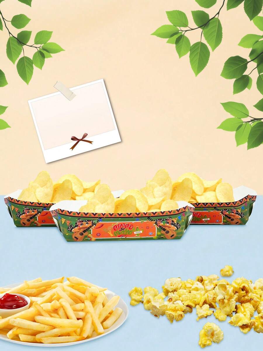 10pcs/20pcs Mexican Paper Food Trays Nacho Boats Trays Mexican Theme Decorations Mexican Food Snack Containers Paper Party Supplies Day Of The Dead Popcorn Paperboard Holder Plates For Mexican Festival Taco Birthday - Multicolor - View 1