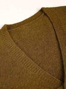 Plus Size Women Loose Fit Solid Color Drop Shoulder Long Sleeve Knit Cardigan, Fashionable & Versatile - Coffee Brown - View 5