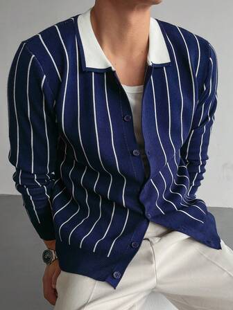 Men's Casual Single-Breasted Striped Cardigan, Autumn