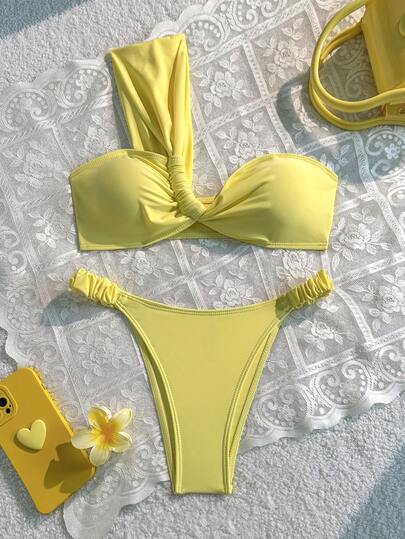 Costume da bagno a due pezzi da donna, con top a canotta e parte inferiore legata, colore giallo burro, adatto per estate, spiaggia, vacanza. Costumi da bagno push-up per donna.