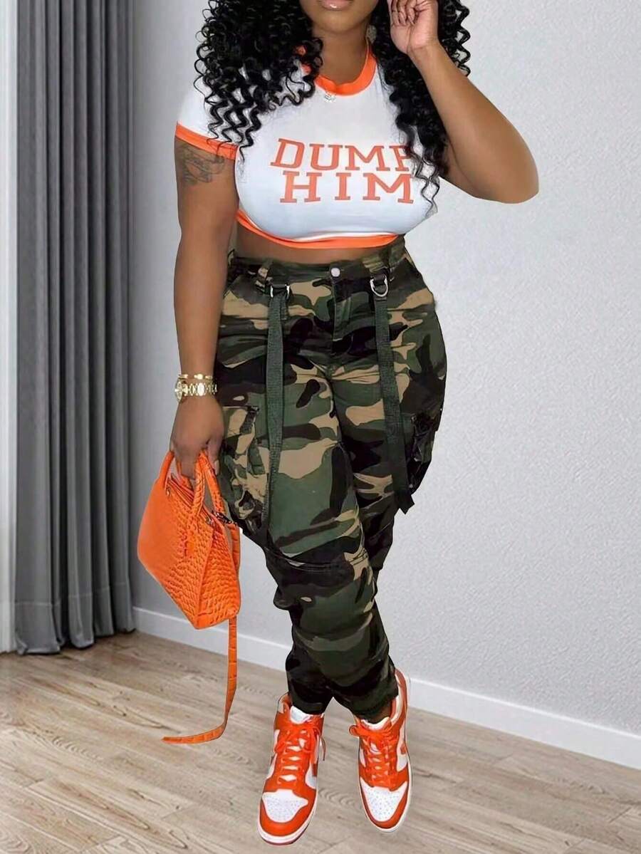Women's Casual Camouflage Cargo Overalls Pants, Street Fashion Trousers For Autumn - Army Green - View 1