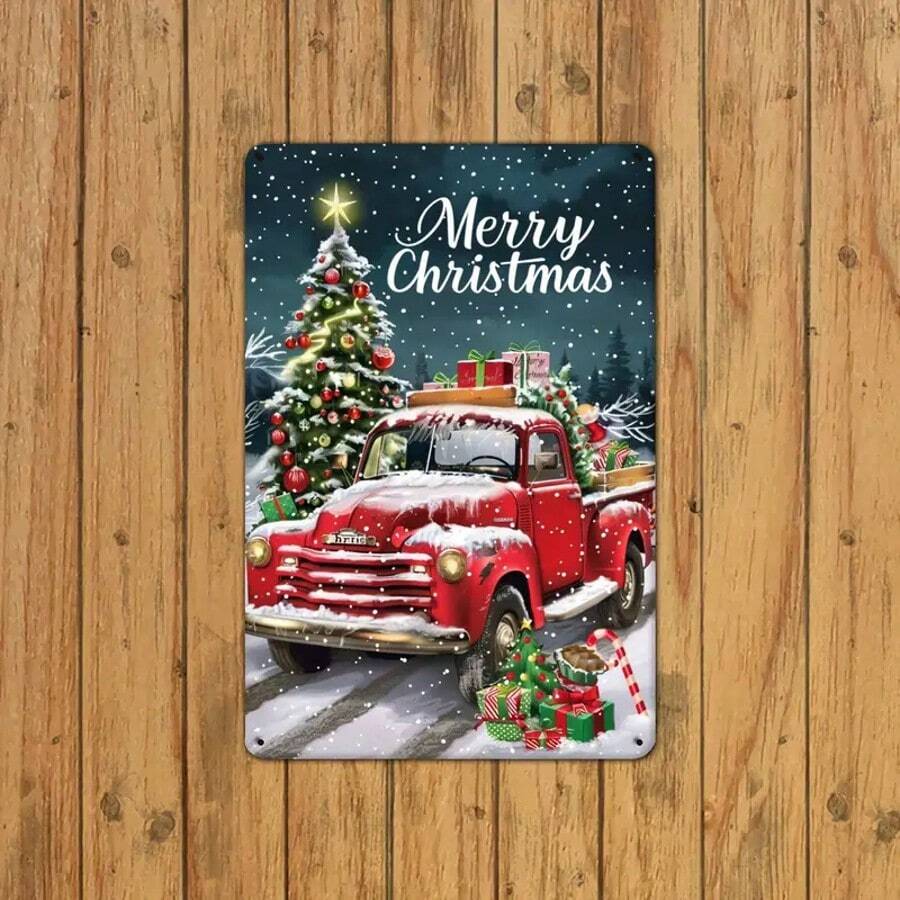 2D Flat, 1pc Rustic Snowman Truck Metal Tin Sign - Vintage Red Truck With Christmas Tree & Snowman, Merry Christmas Lettering, Durable Tinplate Indoor/Outdoor Wall Decor (20.32cm X 30.48cm) With Pre-Drilled Holes, Farmhouse Holiday Decoration For Home, Cafe, Bar, Garage - Rustic Winter Scene Gift, Perfect For Room Decor Home Decor Christmas Decorations
