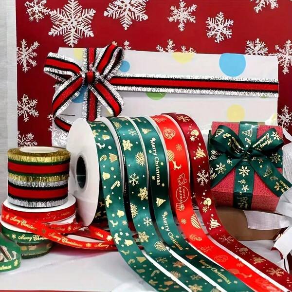 1inch*25yards Christmas Ribbon, Red & Green Polyester Satin Ribbon, Packaging Ribbon Bow, Holiday Atmosphere Ribbon, Snowflake Christmas Tree Pattern, Suitable For Holiday Gift Packaging, Party Decoration And Bow Making, Sewing Handcraft Printed Webbing