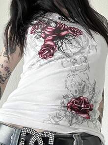 Y2k Fairy Grunge Clothes For Women Emo 2000s Floral Print Tees Shirts Vintage Punk Tops Fairycore Aesthetic E-Girls Clothes Streetwear - 白色 - 查看 1