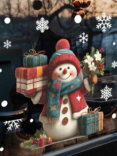 1 pieza Pegatinas navideñas festivas para pared/ventana - Muñeco de nieve y copos de nieve de dibujos animados, decoración navideña, plástico con adherencia estática, para sala de estar, dormitorio, escaparates y mostradores - Decoraciones navideñas para ventanas