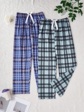 2pcs Plaid & Random Print Women Pajama Pants