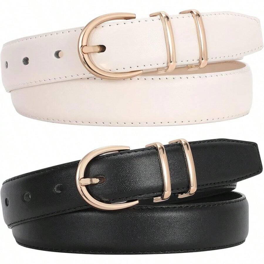 2-Pack Women's Leather Belts For Jeans And Dresses Plus Size - C-黑色+米色 - 查看 1