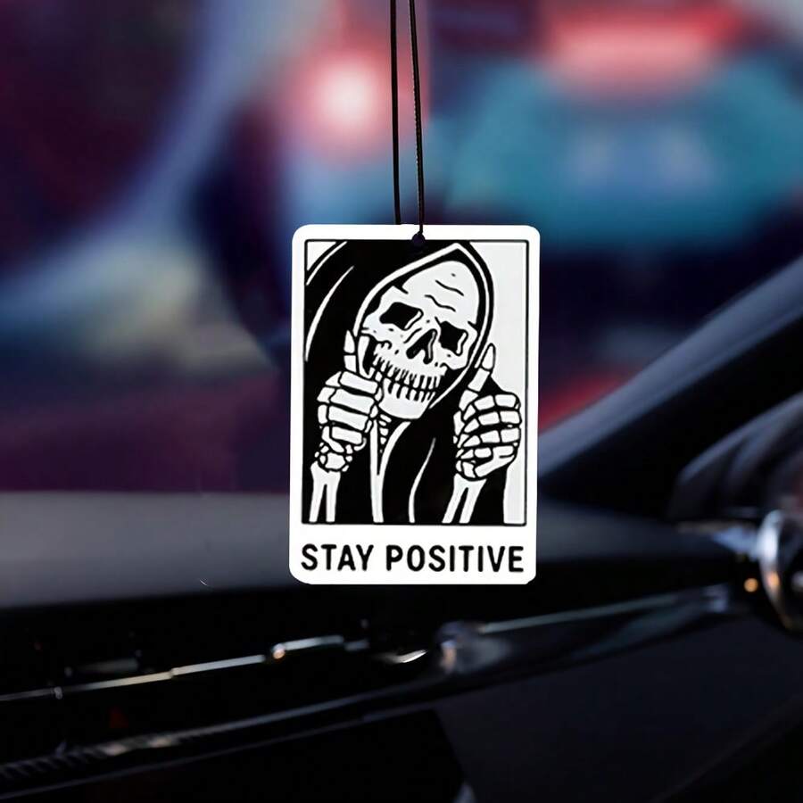 1PC/3PCS Gothic Gingerbread Car Air Freshener - Skull Design With 'STAY POSITIVE' Text, Alcohol-Based Fragrance For Car & Home Decor, Durable Hanging Ornament - Scented Tea - View 1