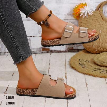 Soft Beige Color With A Gentle Feel, Fashionable Double Buckle Design For Easy Adjustment, Fluffy Sole Feels Like Walking On Clouds, Extremely Comfortable For Daily Wear, Lounging At Home Or . Also Available In Pink, Black, And Blue For Selection.