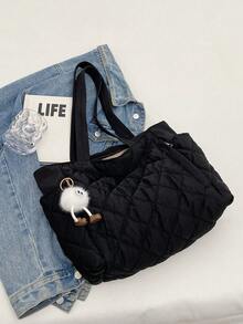 New Stylish Large-Capacity Quilted Diamond-Encrusted Design With Double Handles And One Shoulder Tote Bag, Stylish, Lightweight And Portable, Suitable For Outdoor Travel In Summer, Decorated With Animal Pendants, Is A Must-Have Backpack For Travel. - 黑色 - 查看 3