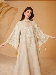 Women's Elegant V-Neck Lace Embroidered Long Sleeve Kaftan Dress - NC30 - View 3