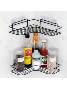 1 pieza Estantería de baño, estantería de almacenamiento triangular sin costuras para baño y cocina, estantería de almacenamiento de baño sin perforación, estantería de ducha de esquina de hierro fundido, diseño de malla de acero inoxidable negro, fácil de acceder y organizar, adecuado para almacenar champú, acondicionador y jabón, decoración moderna de baño, organización y almacenamiento de baño, accesorios de baño