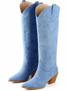 Cowgirl Boots Women Knee High Boots Pointed Toe And Block Heel Cowboy Suede And Faux Leather Boots With Embroidered - 藍色 - 查看 8