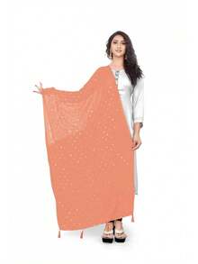 Woman's Embroidered Chiffon Dupatta Scarf Shawl Wrap Soft Bridal Wedding - Red - View 6