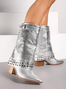 Fashion Studded Pointed Toe Cowboy Boots With Heel And Buckle - Silver - View 2