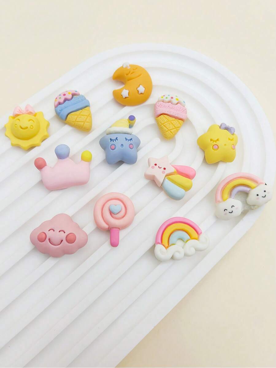12pcs Cartoon Resin Cute DIY Decor, Moon Star Rabbit Rainbow Lollipop Pattern, Detachable, Suitable For Slippers, Sandals, Whimsical Design, Creative Party Gift