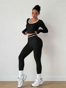 FWH 休闲优雅可爱健身户外跑步瑜伽普拉提高腰多功能紧身运动打底裤，简约舒适弹力高品质提臀蜜桃臀塑形运动服两件套黑色春季 - 黑色 - 查看 5