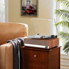 Vinyl Record Player With, All In One 3Speed Vintage StereoTurntable With Speakers, Brown