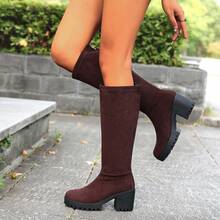 2025 New Western Style Wine Red Over-The-Knee Boots, Thick Chunky Heel Design, Elastic Fabric Fashion Versatile - Burgundy - View 8