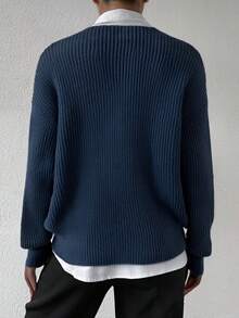 2025 Nouveau pull ample décontracté rétro à col V manches longues pour femmes, blocs de couleurs, adapté pour l'automne/hiver, Halloween, Noël, Fête nationale saoudienne, Nouvel An, Remise des diplômes, Soirée élégante - Bleu marine - Voir 2