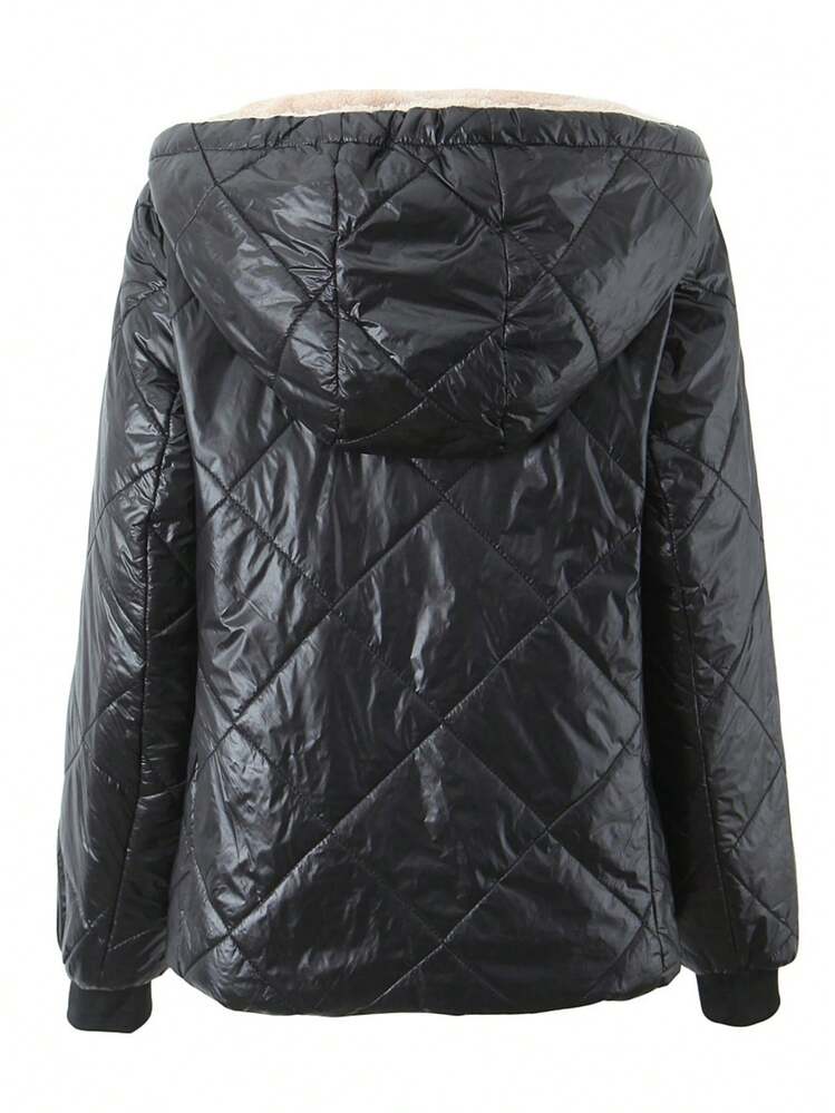 女士轻盈保暖连帽绗缝夹克，纯色梭织面料，罗纹设计，适合秋季、冬季和春季 - 黑色 - 查看 7