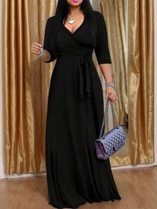 女士多色拼接连衣裙，深V领和收腰设计，优雅大方，适合外出就餐、购物等各种场合。 - 黑色 - 查看 3