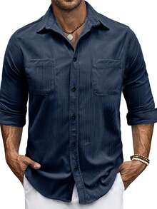 Men's Navy Blue Casual Long Sleeve Shirt, Outdoor Leisure Minimalist Fashion Shirt, Jacket Top - Navy Blue - View 1