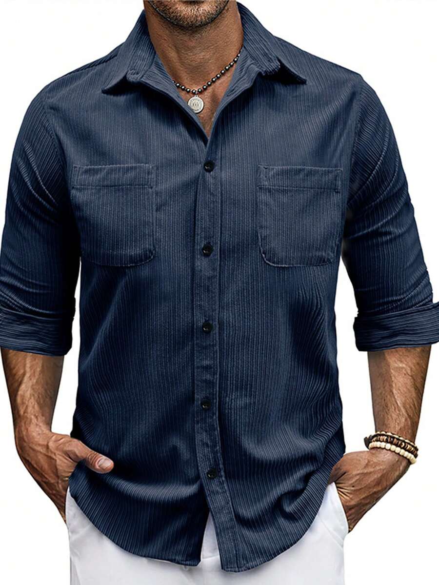 Men's Navy Blue Casual Long Sleeve Shirt, Outdoor Leisure Minimalist Fashion Shirt, Jacket Top - Navy Blue - View 1
