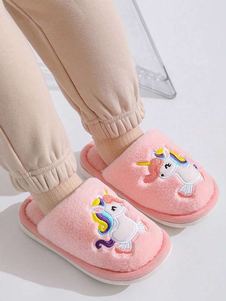 1 Pair Fashionable Cute Cartoon Unicorn Embroidered Decorated Warm Slippers, Suitable For Children - Pink - View 5