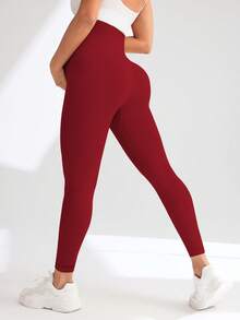 Maternity High Waist Seamless Elastic Solid Color Leggings Spring Sports - Burgundy - View 4