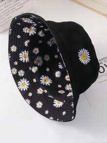 1pc Reversible Daisy Embroidered Travel Cap, Suitable For Everyday Wear - Black - View 7