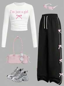 Tween Girl Letter Print Long Sleeve Top And Bow Decor Casual Pants Set