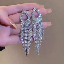 2pcs Fully Rhinestone Tassel Earrings, Sparkling Suitable For Women Holiday, Party, Date, Gift, Daily Versatile - Silver - View 15
