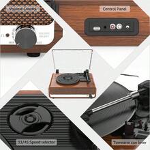 Vinyl Record Player With, All In One 3Speed Vintage StereoTurntable With Speakers, Brown