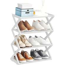 Sapateira de plástico empilhável e dobrável de quatro níveis - Organizador de armazenamento em formato de X que economiza espaço para entrada, corredor, quarto, dormitório, fácil de montar, design durável, preto, organizador de sapatos