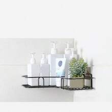1/2 piezas Estante de baño de esquina de hierro con ganchos adhesivos, estante de almacenamiento triangular para artículos de tocador de baño, accesorios de estante de esquina para baño, sin necesidad de perforar, negro