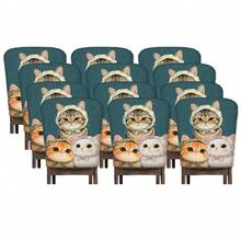 2/4/6pcs Cute Cat Pattern Linen Chair Covers, Suitable For Home Decor, Living Room, Dining Room, Garden, Hotel, Party, Washable Polyester Material Chair Seat Cushion Covers - Multicolor - View 22