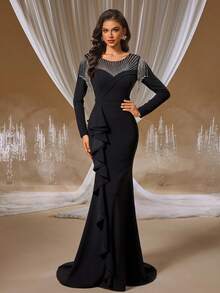 GIFORU 奢华黑色水晶刺绣礼服 - 透视领口美人鱼连衣裙，饰有流苏肩部和层叠荷叶边，适合 Met Gala 晚宴后的派对、维也纳歌剧院之夜和红毯婚礼舞会礼服 - 黑色 - 查看 2