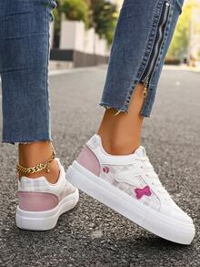 2025 New Thick Sole Casual Sneakers, Increased Height, Flat White Shoes, Thick Sole Sports Casual Student Bread Shoes, Sports Lace-Up Metal Eyelets, Suitable For Home Wear