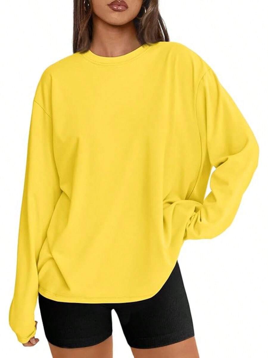 Womens Oversized Long Sleeve Shirts Basic Crewneck Tee Fall Tops Casual Workout Y2K Fashionable Clothes - Màu vàng - Xem 1